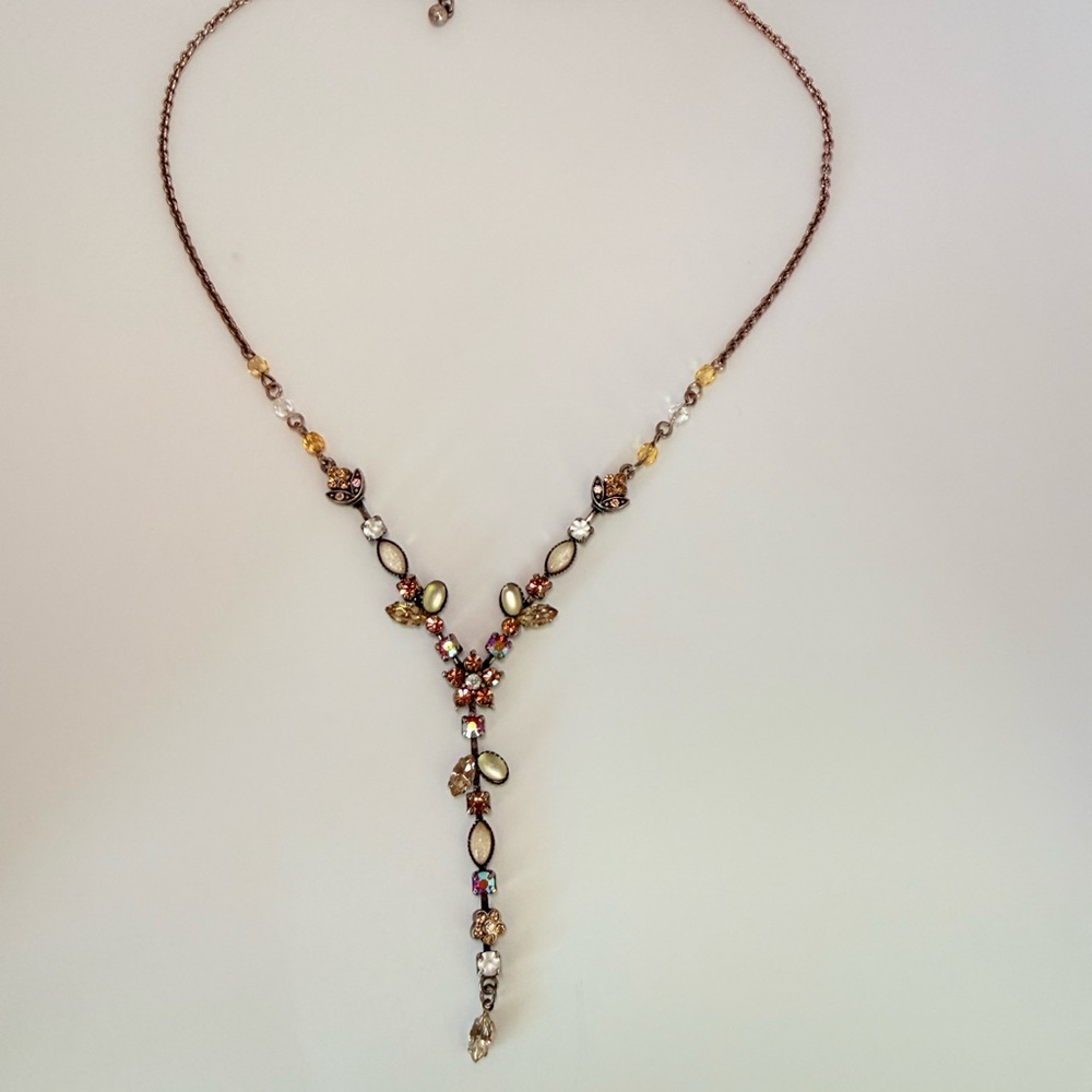Silver Tone Y Necklace with Amber & Clear Floral Stones 16” + 2” Extender
